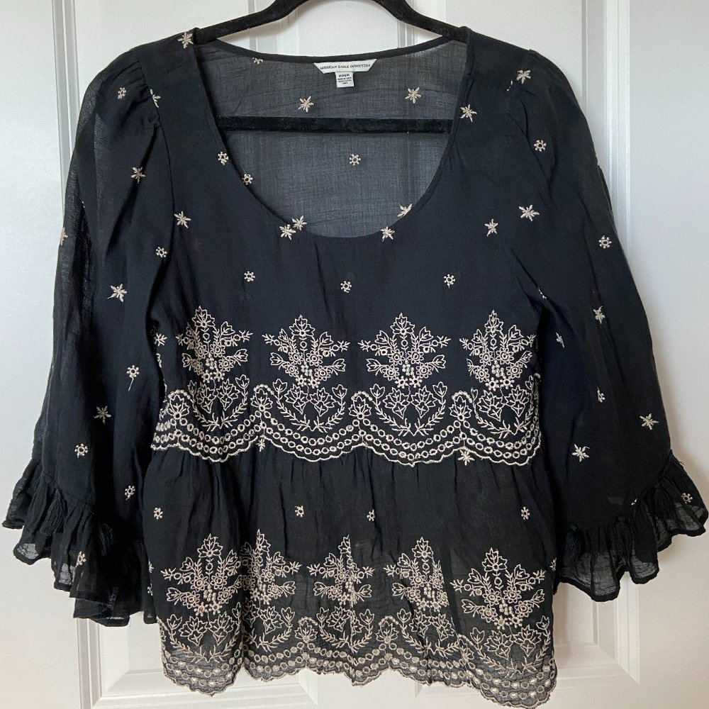 American Eagle Outfitters Boho Navy Blouse with White Embroidery